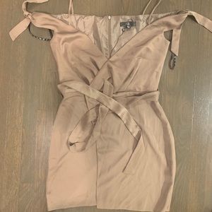 Taupe, off the shoulder dress. Size 6. Never worn